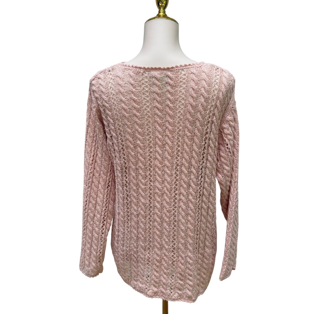 Liz Claiborne Petite Studio Sweater S Pink Cable Knit Pointelle Coastal Coquette - Picture 4 of 8